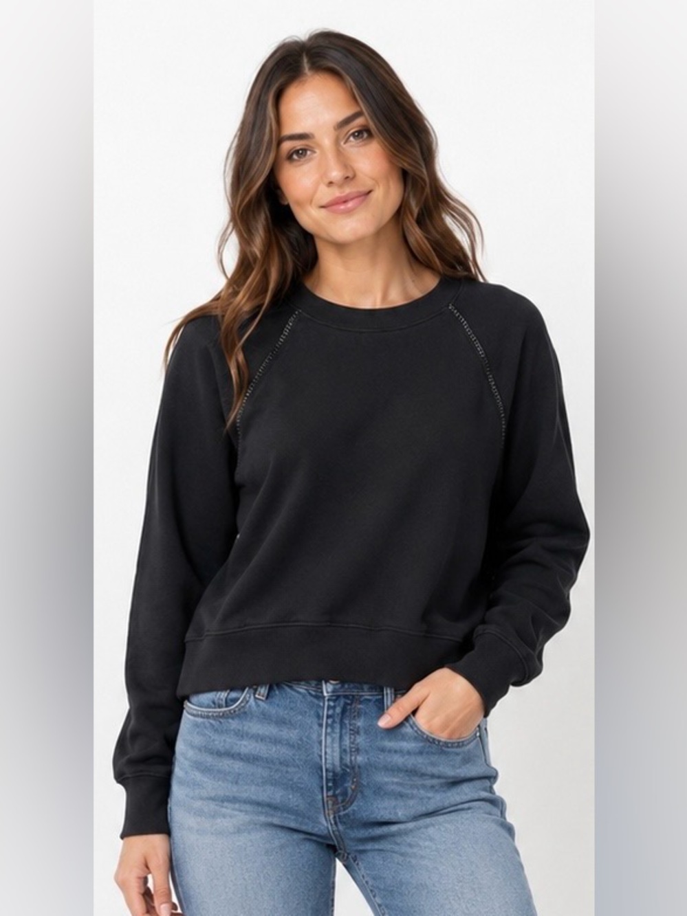 PAIGE Daytona Raglan Pullover Sweatshirt Black Chain Detail Size Medium